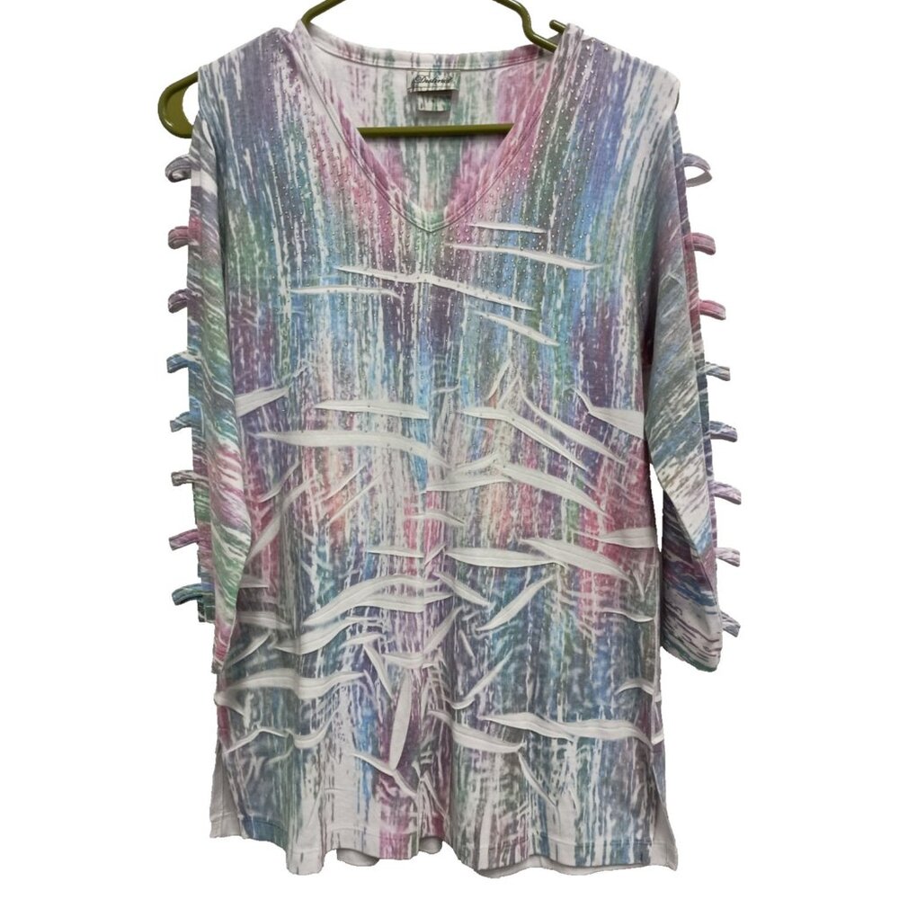 Distinct Womens Wearable Art Tunic Top Small Tie Dye Rhinestone Lattice Sleeve